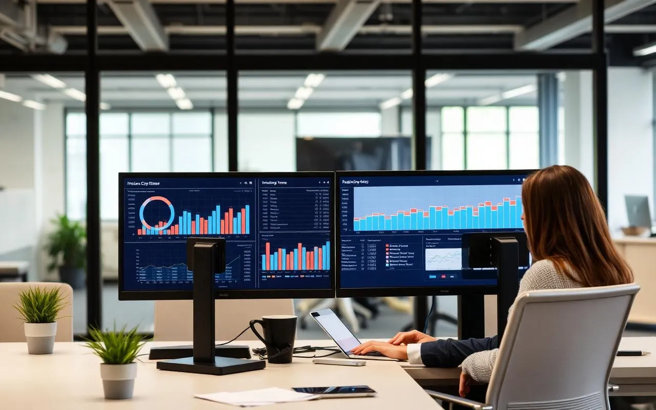 Professional services finance and billing team reviewing invoice cycle time dashboard and accounts receivable aging report on monitors in a modern corporate office.