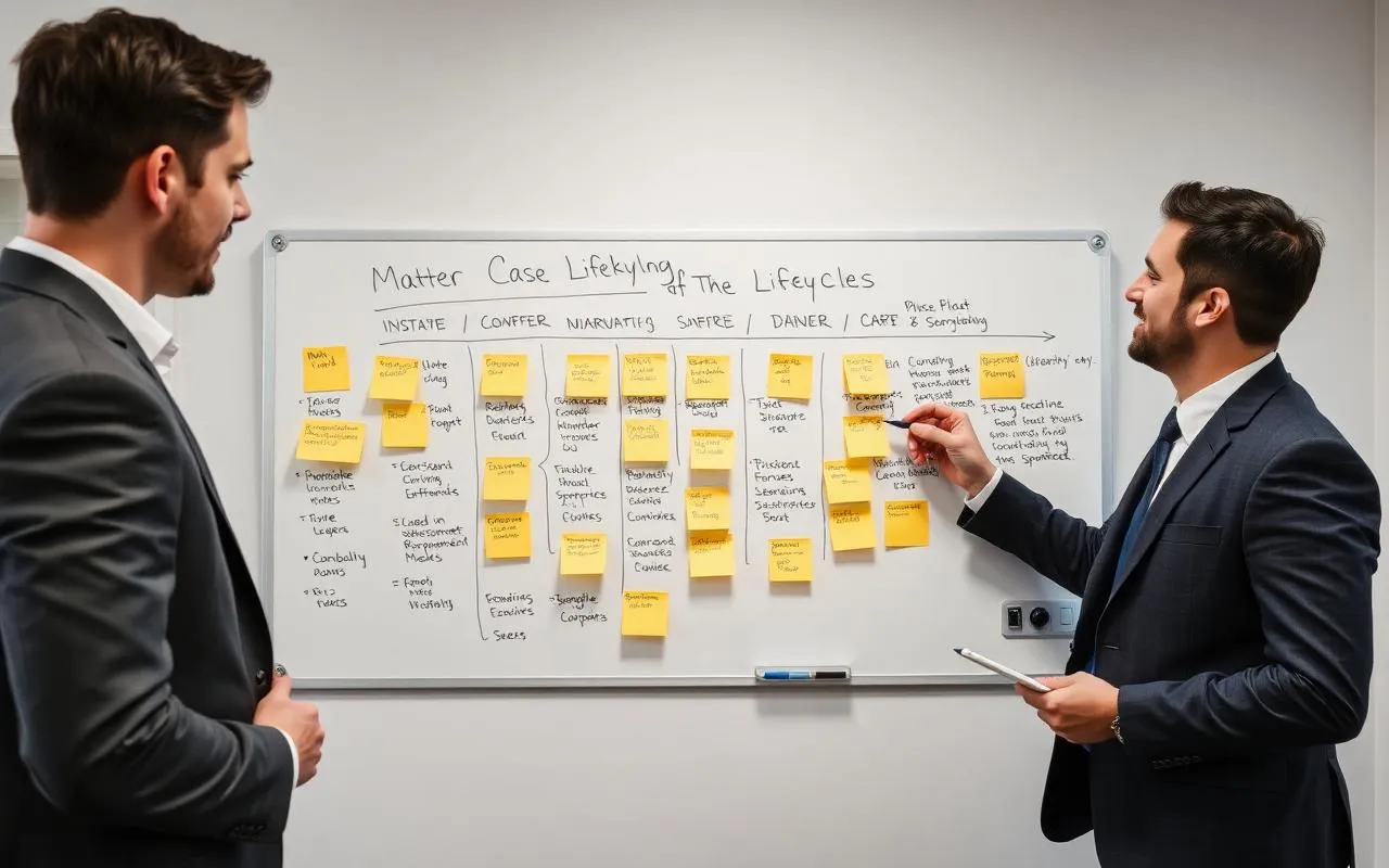 Law firm and accounting firm partners reviewing matter intake workflow and case lifecycle on a whiteboard with sticky notes in a modern professional office.