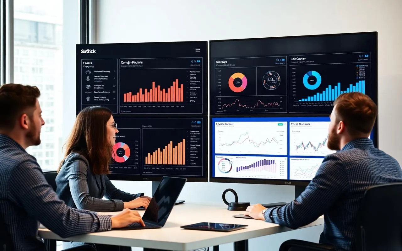 Digital marketing operations team and Lean Six Sigma facilitator reviewing a campaign launch funnel and conversion analytics dashboard on large screens.