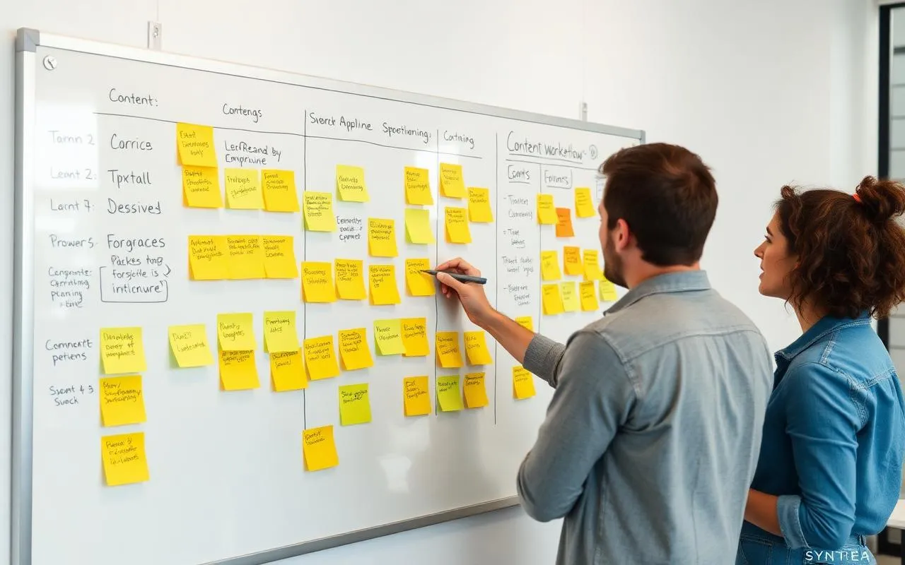 Content marketing team mapping editorial workflow on a whiteboard with sticky notes and kanban content pipeline in a modern bright workspace.