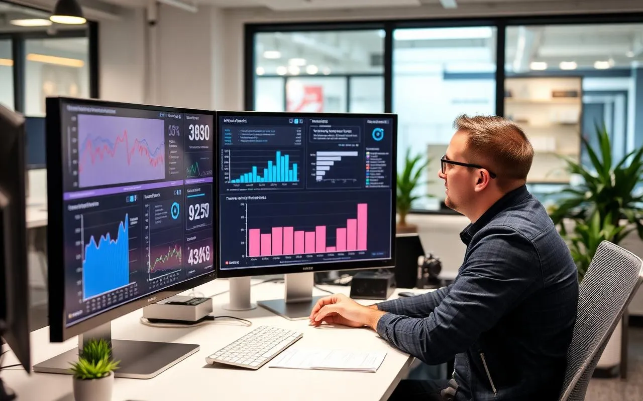 Performance marketing analyst reviewing paid media spend dashboards with attribution charts and ROAS metrics across multiple monitors in a modern office.