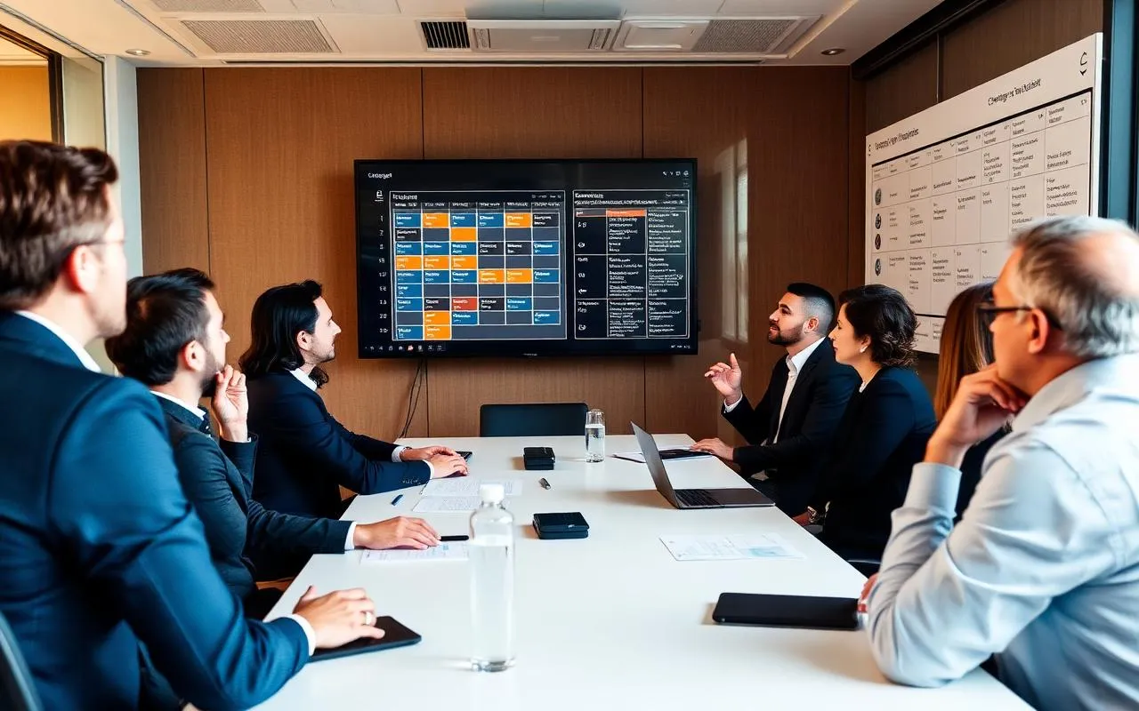 Enterprise IT change advisory board reviewing the change calendar and a risk matrix on a wall display, with a Lean Six Sigma facilitator.