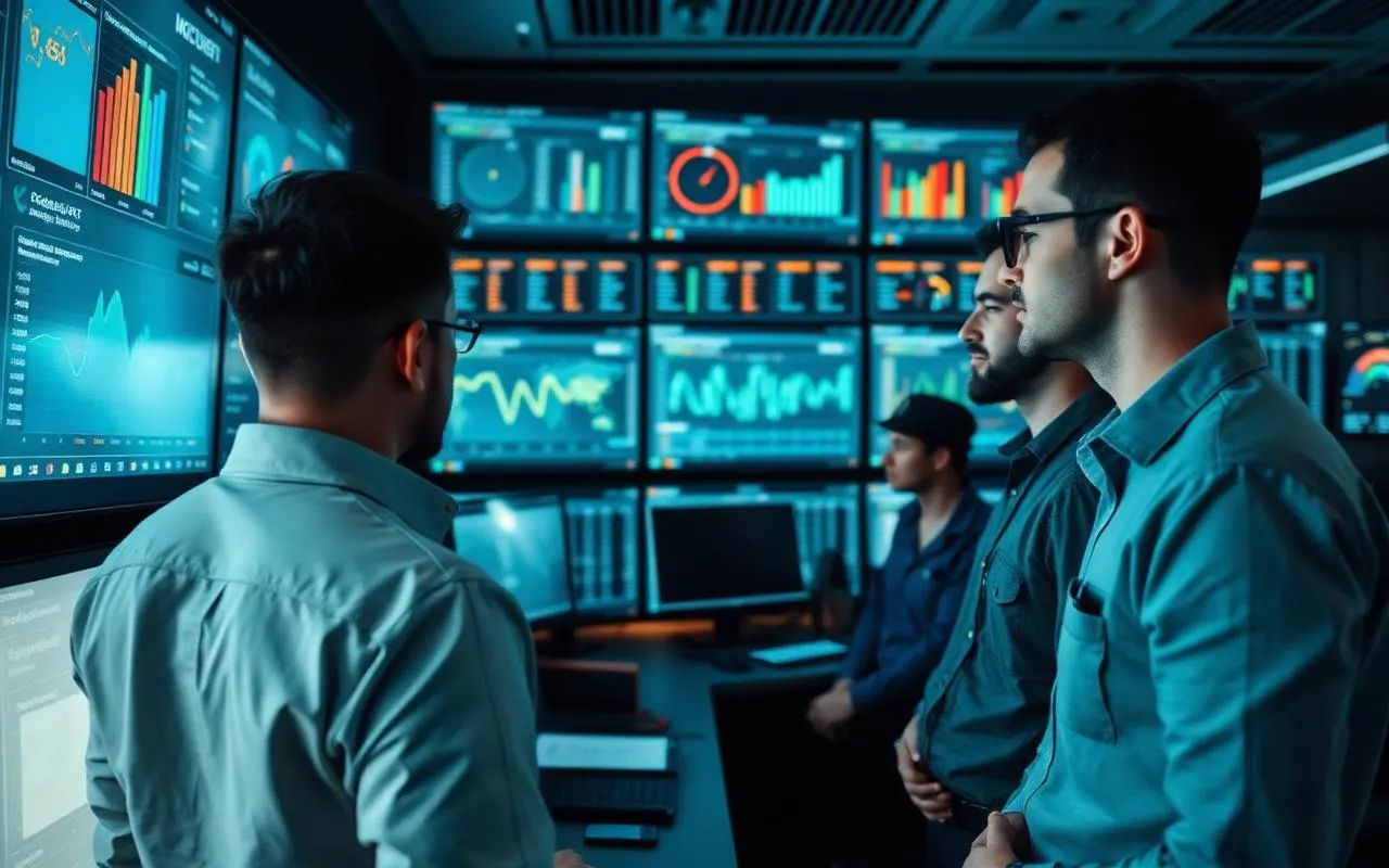 Enterprise IT operations team and Lean Six Sigma facilitator reviewing an incident management dashboard with MTTR and reopen-rate charts on a wall display.