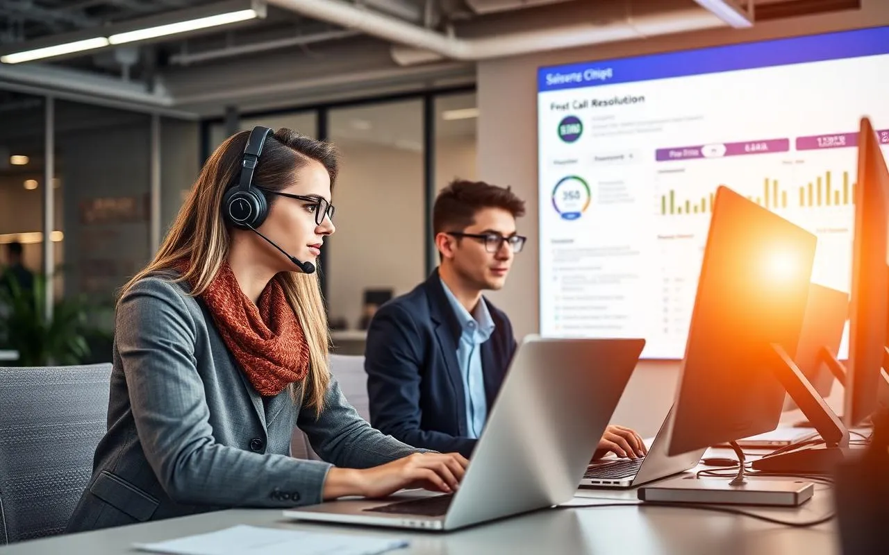 Enterprise IT service desk team with headsets working at laptops, with a wall dashboard showing first-call resolution and CSAT metrics.