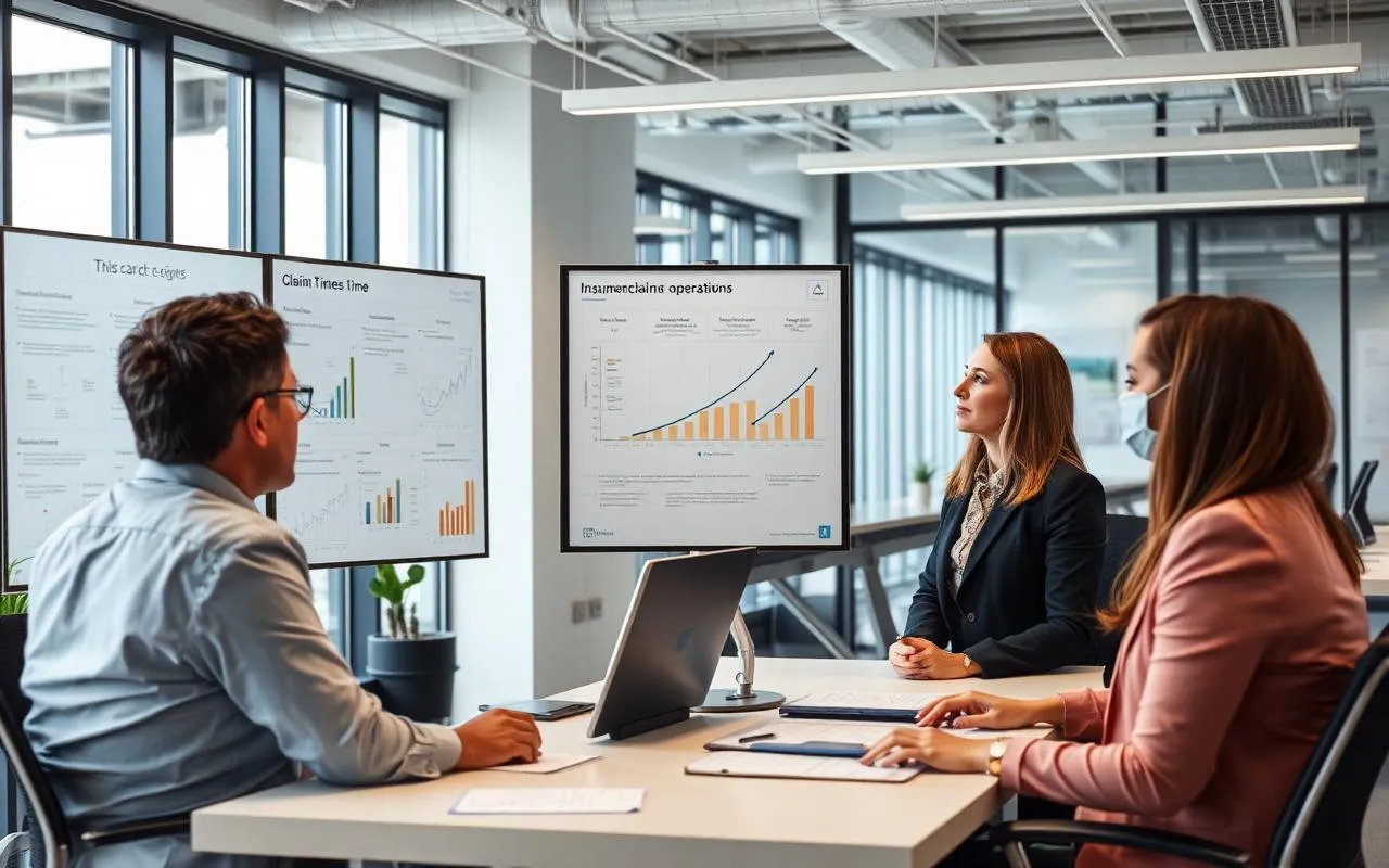 Insurance claims operations team reviewing cycle time and NPS metrics on a Lean Six Sigma performance board.