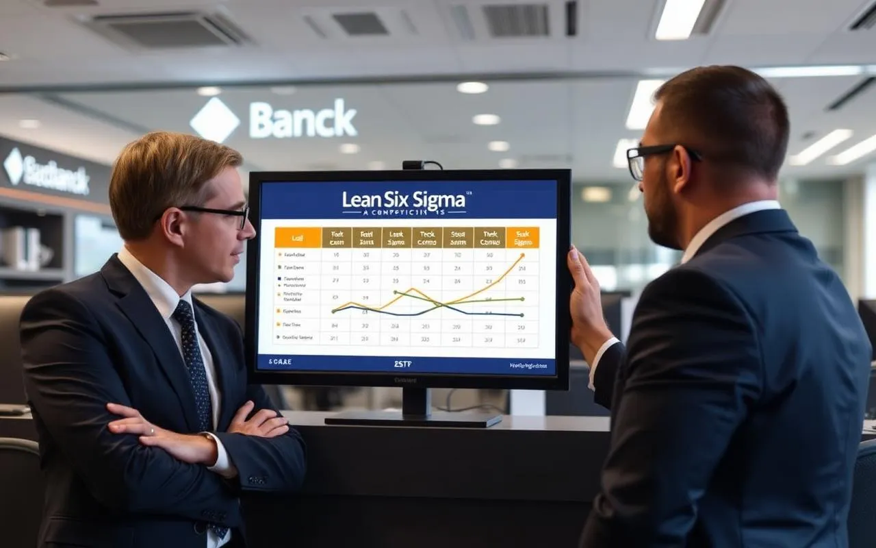 Bank compliance and operational risk team reviewing a Lean Six Sigma control chart for AML alert handling.