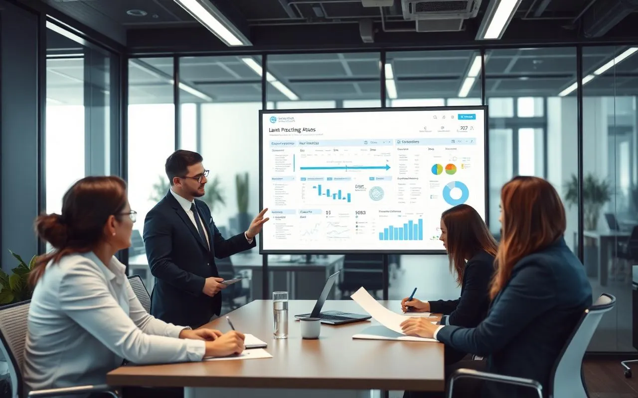 Bank operations team reviewing a loan processing value stream map and KPI dashboard during a Lean Six Sigma cycle-time reduction initiative.