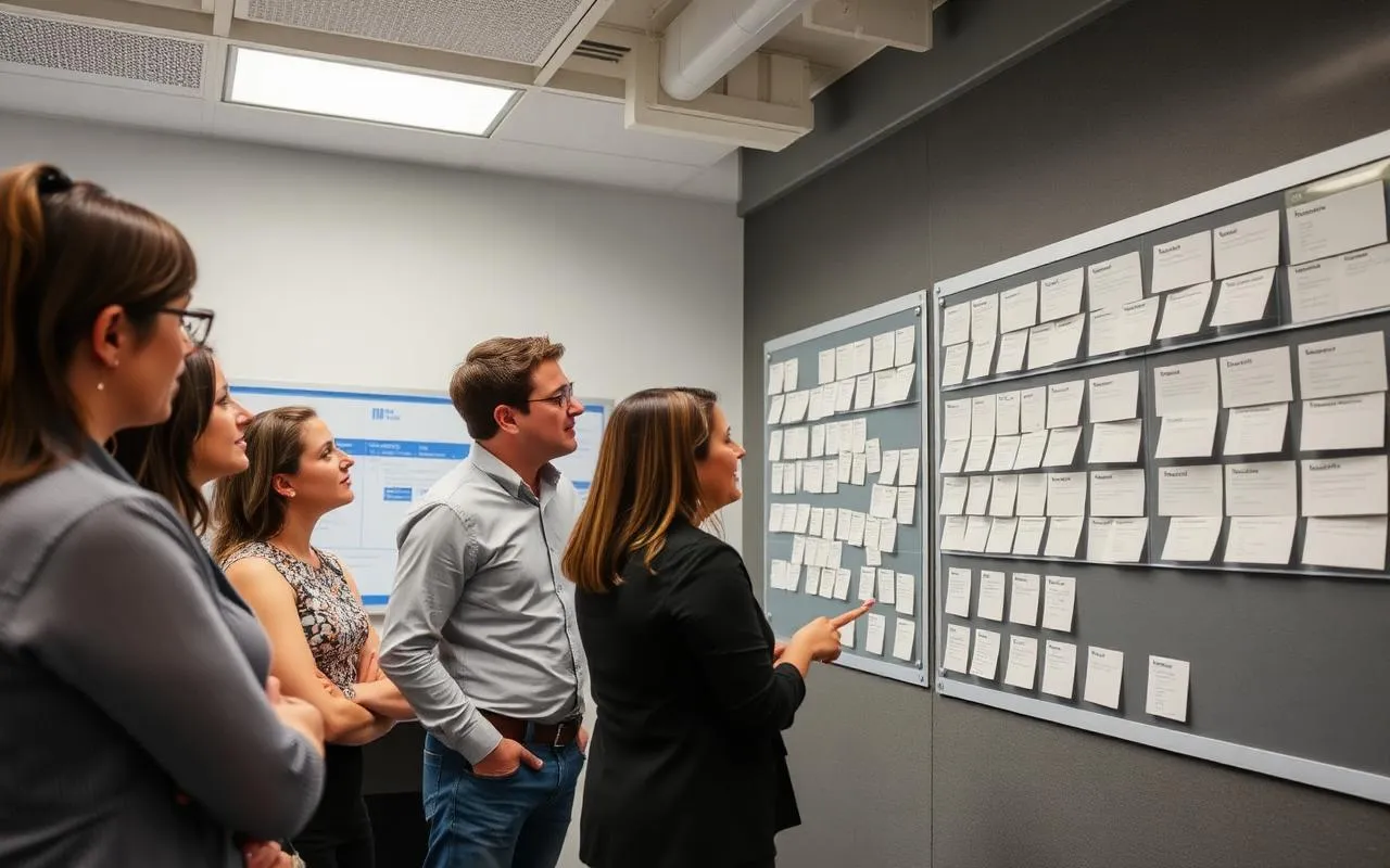 State benefits eligibility caseworkers and a Lean Six Sigma facilitator reviewing pending-case backlog and rework drivers on a kanban board.
