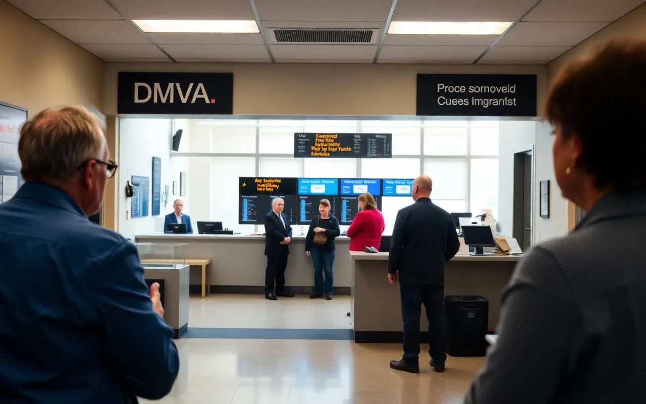 State motor vehicles agency lobby with digital queue display, counter staff, and a Lean Six Sigma facilitator observing wait-time flow.
