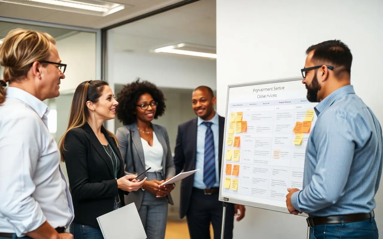 Government services improvement team and Lean Six Sigma facilitator reviewing a citizen-services value stream board with cycle-time stickies.
