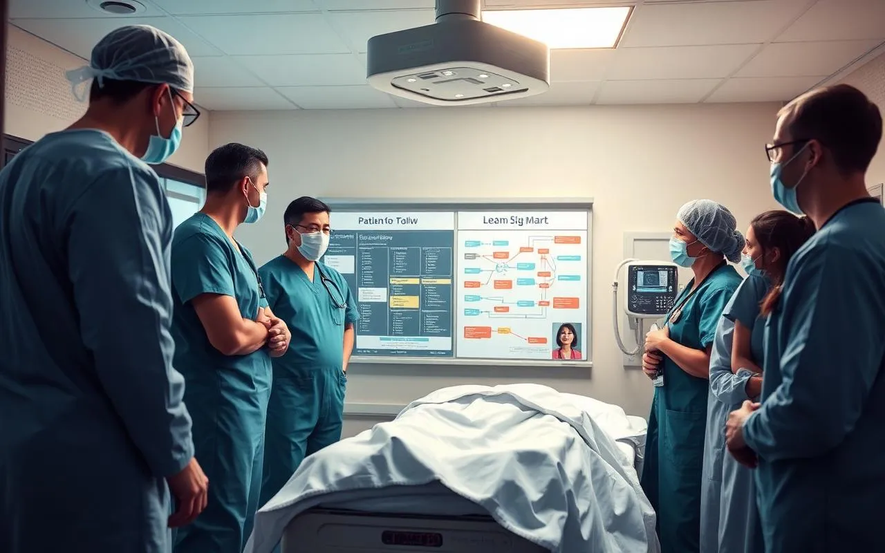 Emergency department care team reviewing patient flow and Lean Six Sigma value stream map at a unit huddle board.