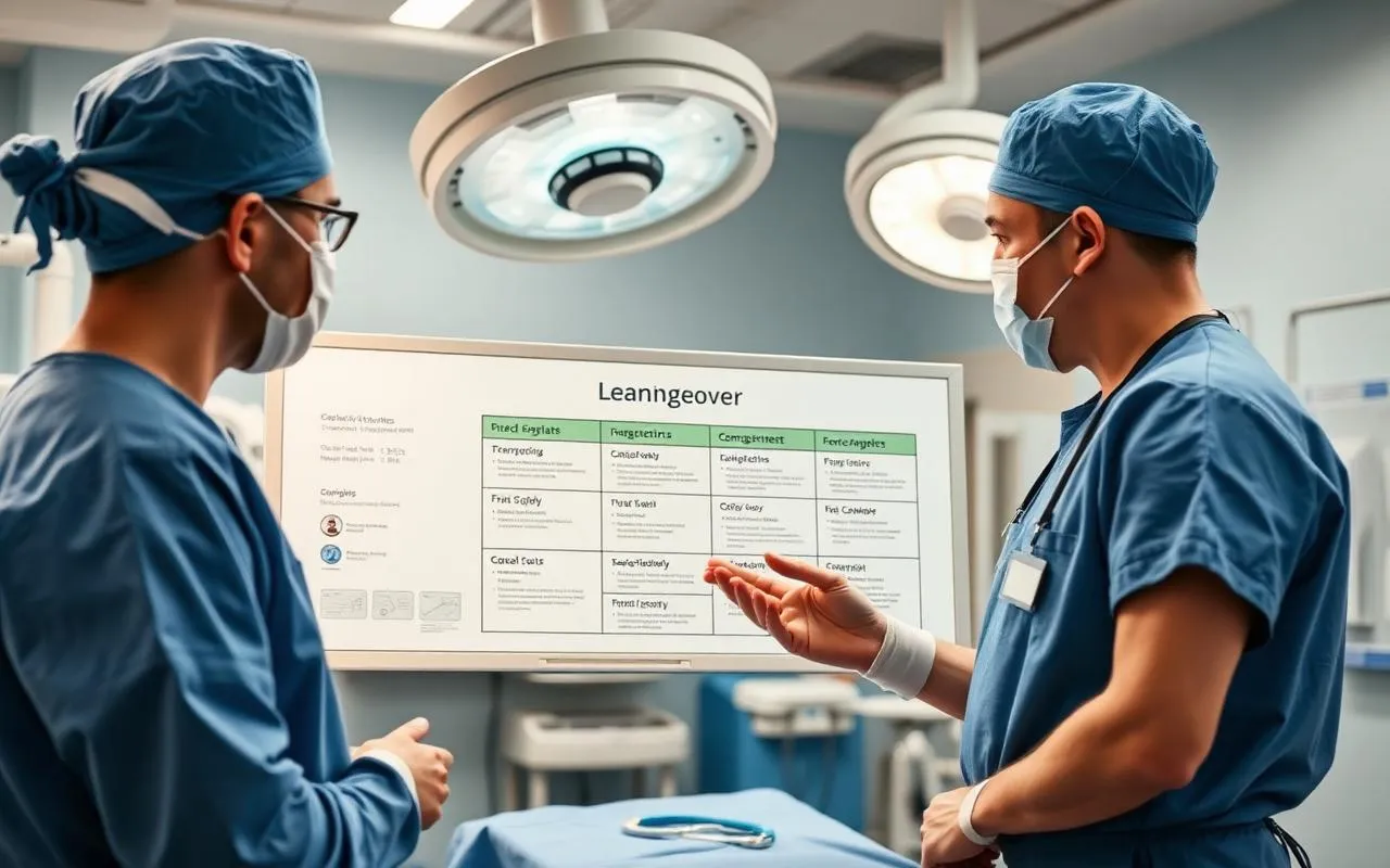 Surgical team and Lean Six Sigma facilitator reviewing a visual OR turnover board between cases in a modern operating room.