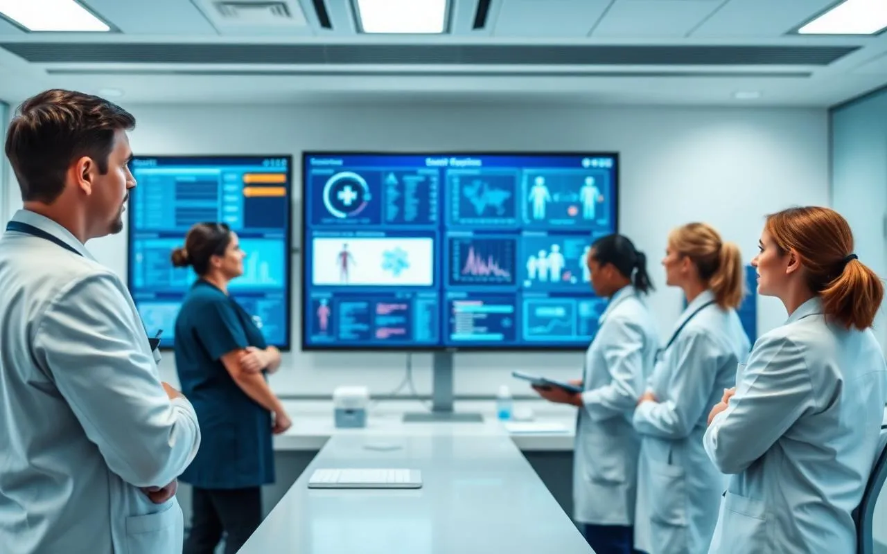 Hospital operations and clinical leaders reviewing real-time patient flow metrics on a digital command center board during a Lean Six Sigma length-of-stay initiative.