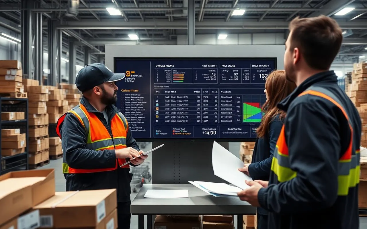 Last-mile delivery operations team and drivers reviewing first-attempt success and cycle time metrics on a dispatch board.