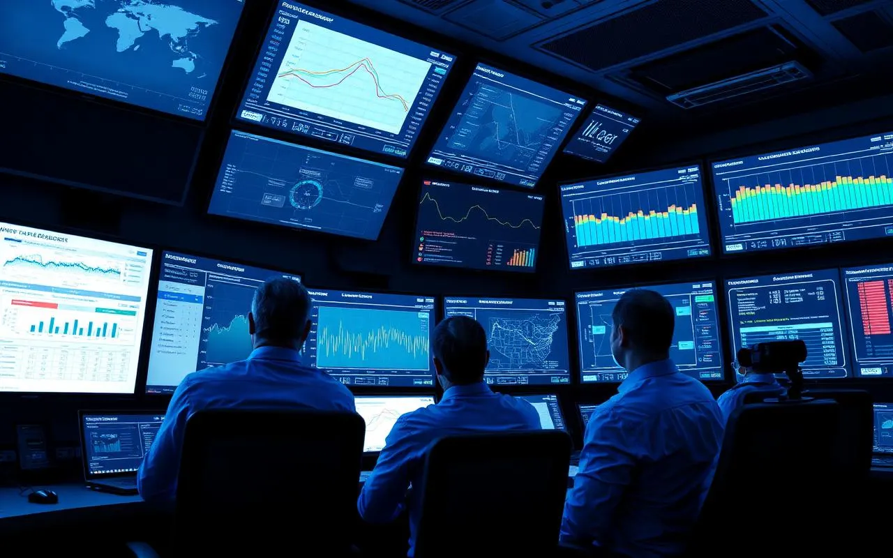 Transportation control tower team reviewing on-time delivery and dwell time metrics on dashboards during a Lean Six Sigma initiative.