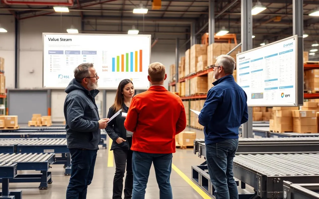 Distribution center operations team and Lean Six Sigma facilitator reviewing pick-pack productivity metrics on a value stream board.