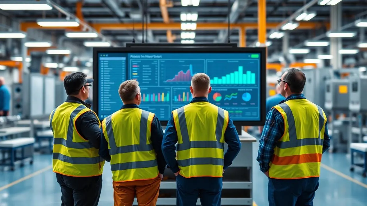 Cross-functional manufacturing team reviewing visual management metrics on a digital production board during a Lean Six Sigma changeover-reduction initiative.