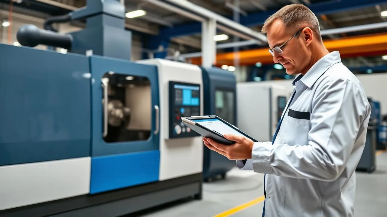 Manufacturing quality engineer reviewing a statistical process control chart on a tablet next to a CNC machine on a modern factory floor.