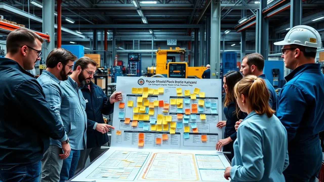 Cross-functional manufacturing team gathered around a value stream map covered in sticky notes during a Lean Six Sigma improvement workshop on the plant floor.