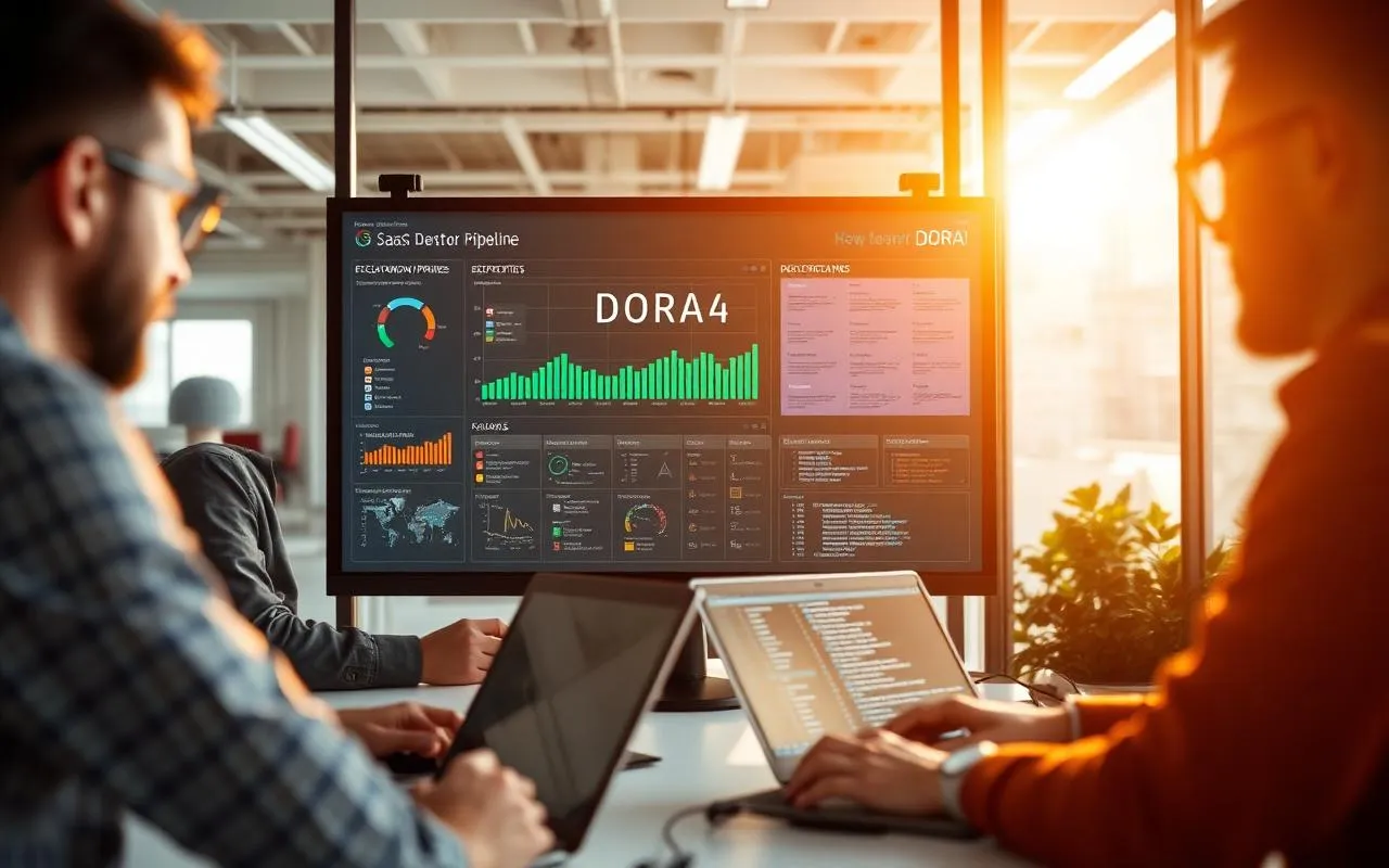 SaaS engineering team and Lean Six Sigma facilitator reviewing a deployment pipeline dashboard with DORA metrics on a wall display.