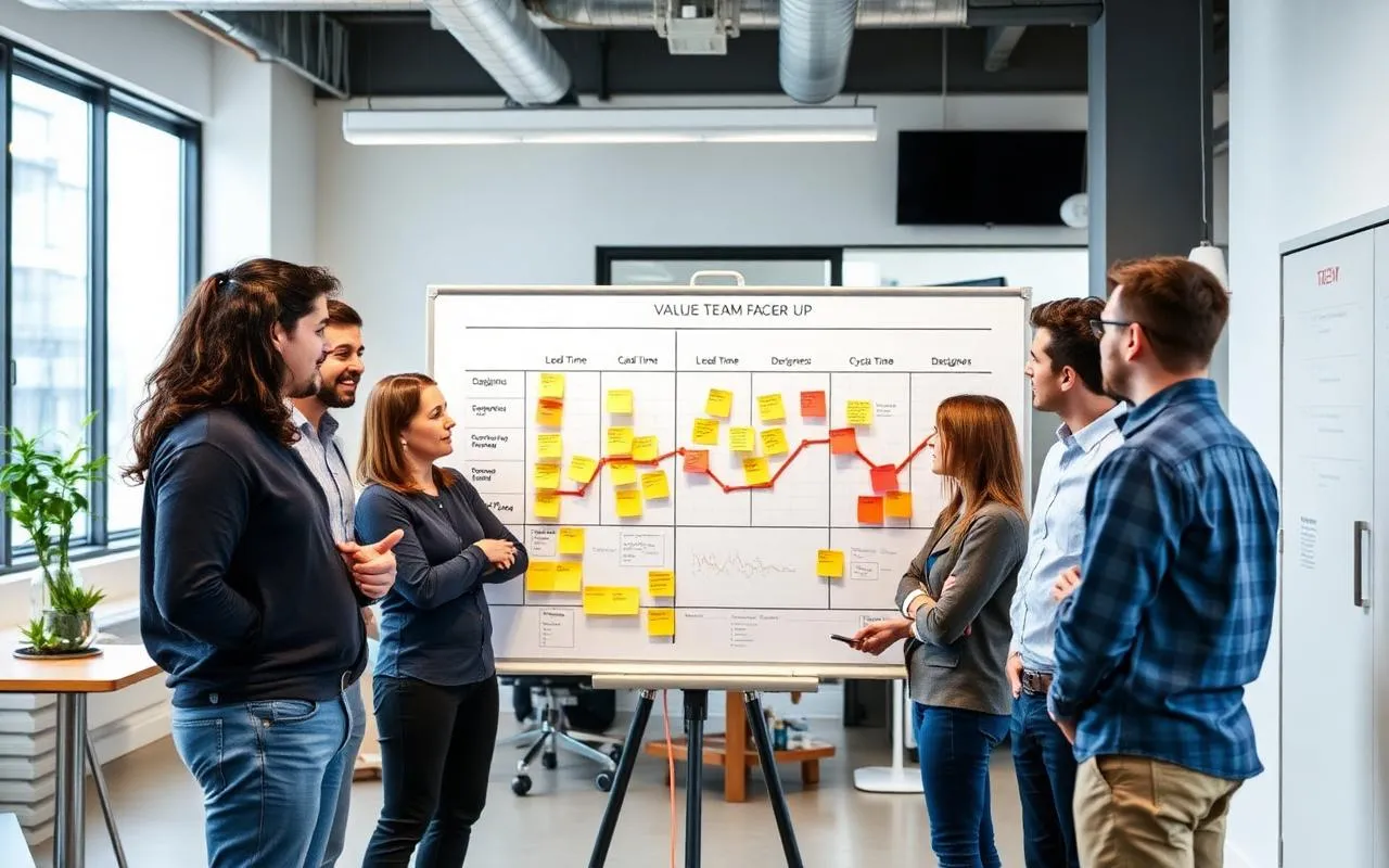 SaaS product and engineering team and Lean Six Sigma facilitator reviewing a software value stream map with sticky notes and lead time charts.