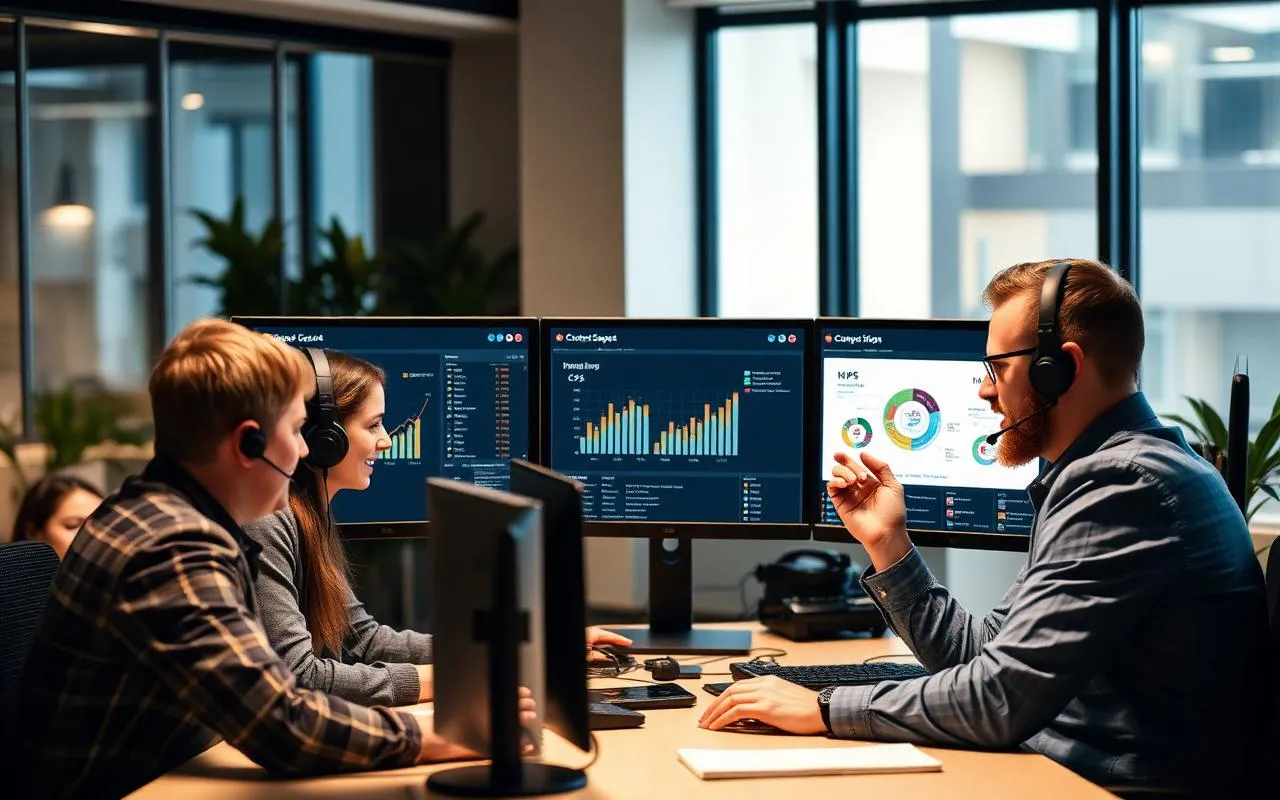 SaaS customer support team and Lean Six Sigma facilitator reviewing a ticket queue dashboard with CSAT and resolution time charts.